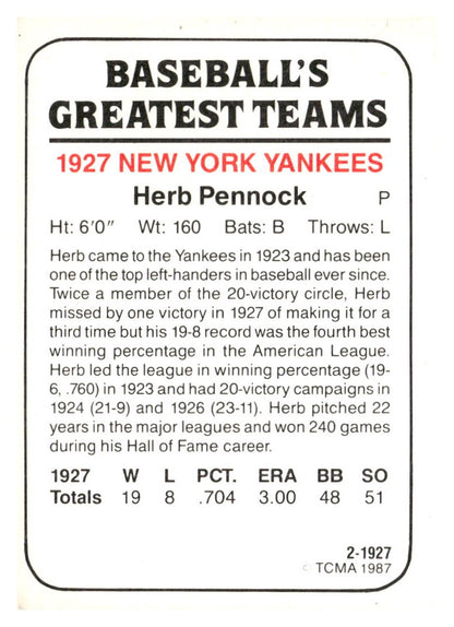 1987 TCMA 1927 New York Yankees #2 Herb Pennock