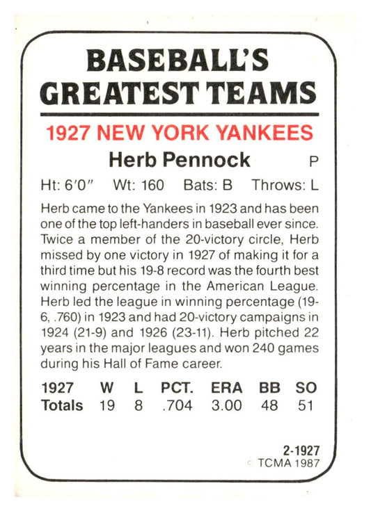 1987 TCMA 1927 New York Yankees #2 Herb Pennock
