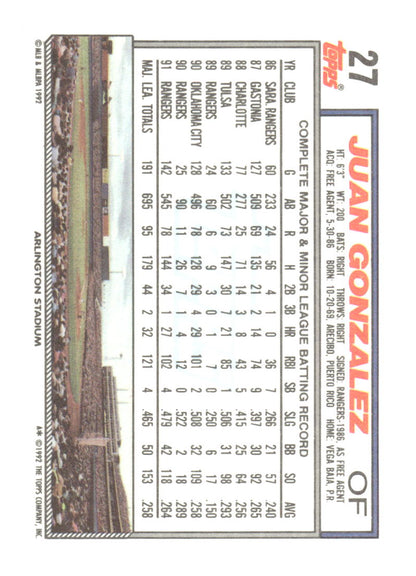1992 Topps #27 Juan Gonzalez