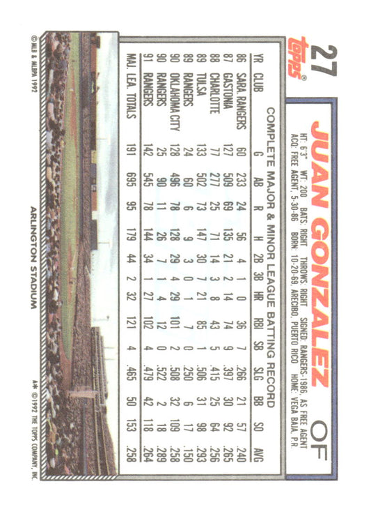 1992 Topps #27 Juan Gonzalez