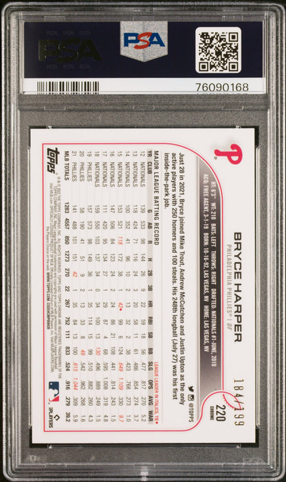 2022 Topps Chrome Sonic #220 Bryce Harper Aqua RayWave Refractor PSA 9 #/199
