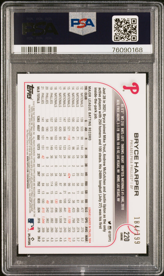 2022 Topps Chrome Sonic #220 Bryce Harper Aqua RayWave Refractor PSA 9 #/199