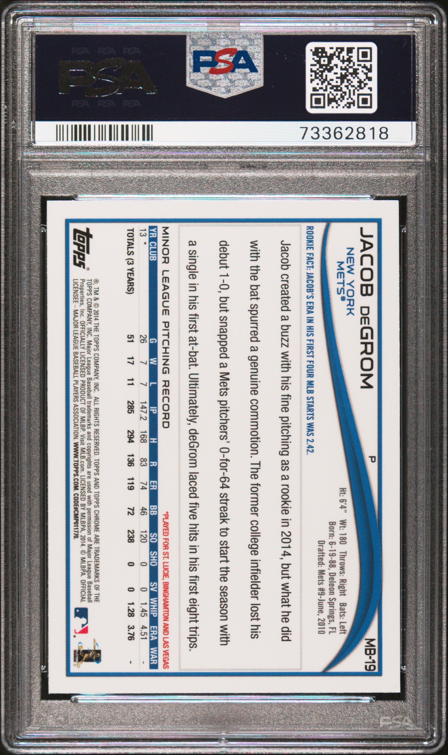 2014 Topps Chrome Update #MB-19 Jacob deGrom PSA 10