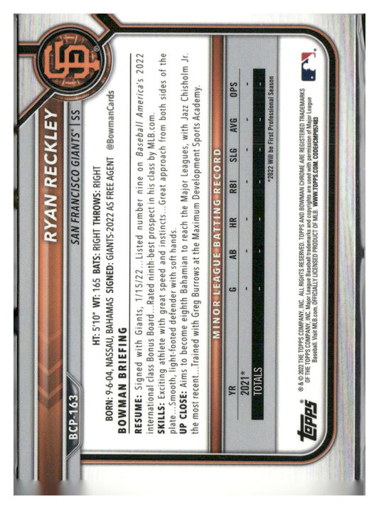 2022 Bowman Chrome Sapphire Edition #BCP-163 Ryan Reckley Prospects