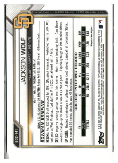 2021 Bowman Draft #BDC-141 Jackson Wolf Chrome Green Refractor #/99