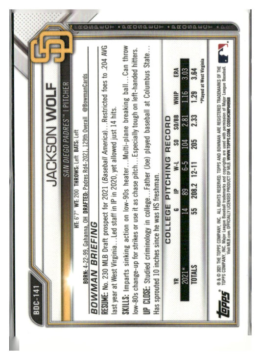 2021 Bowman Draft #BDC-141 Jackson Wolf Chrome Green Refractor #/99