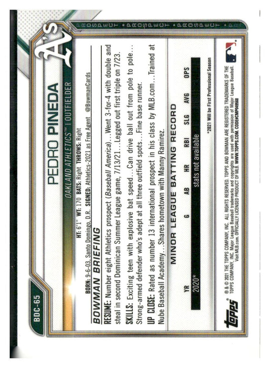 2021 Bowman Draft #BDC-65 Pedro Pineda Chrome Blue Refractor #/150