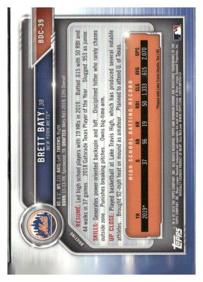 2019 Bowman Draft #BDC-39 Brett Baty Chrome