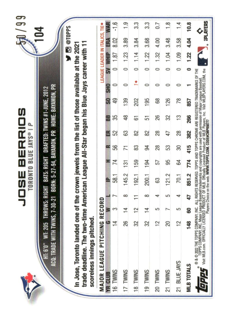 2022 Topps Chrome #104 Jose Berrios Green Refractor #/99
