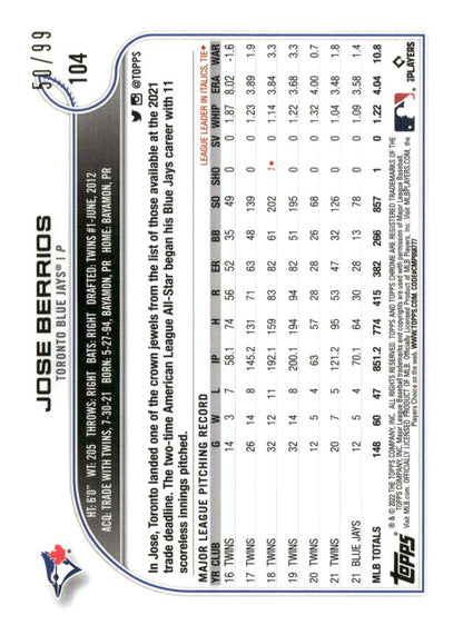 2022 Topps Chrome #104 Jose Berrios Green Refractor #/99
