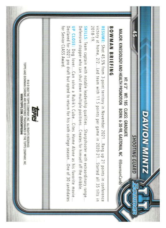 2021-22 Bowman University #45 Davion Mintz Pink