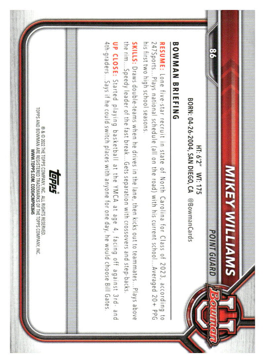 2021-22 Bowman University #86 Mikey Williams