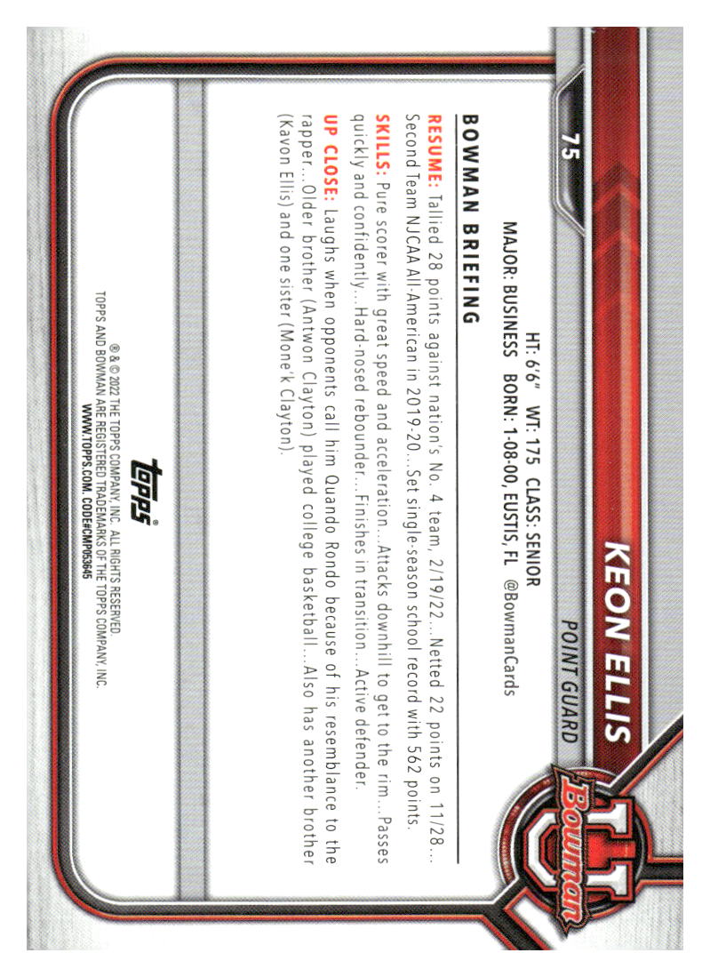 2021-22 Bowman University #75 Keon Ellis