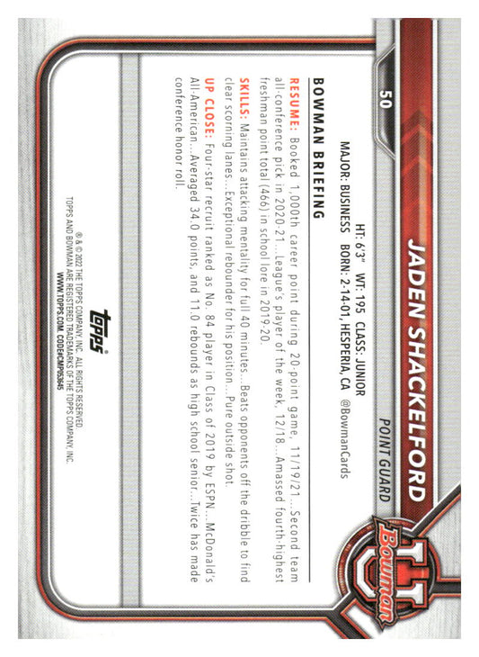 2021-22 Bowman University #50 Jaden Shackelford