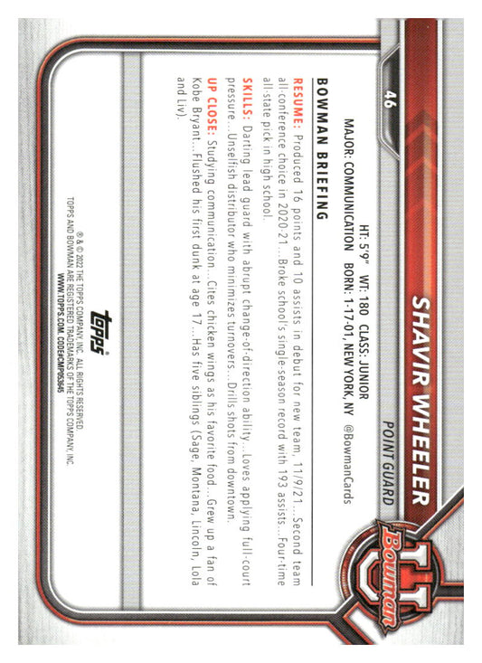 2021-22 Bowman University #46 Sahvir Wheeler