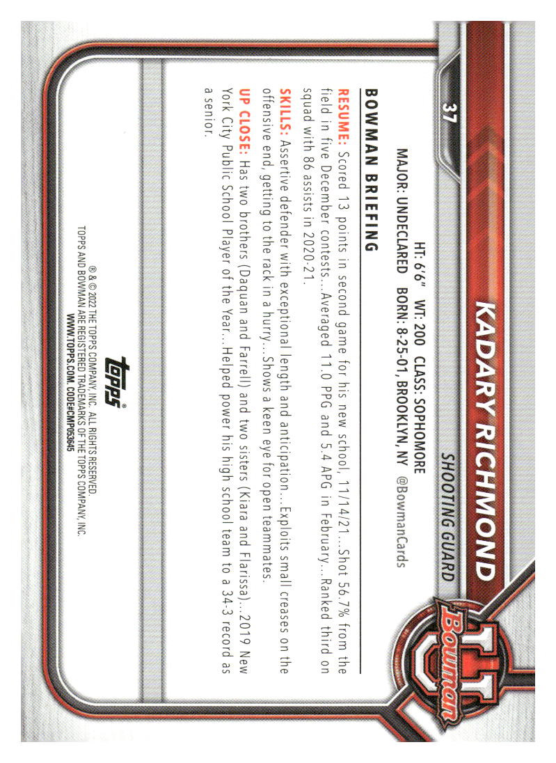 2021-22 Bowman University #37 Kadary Richmond