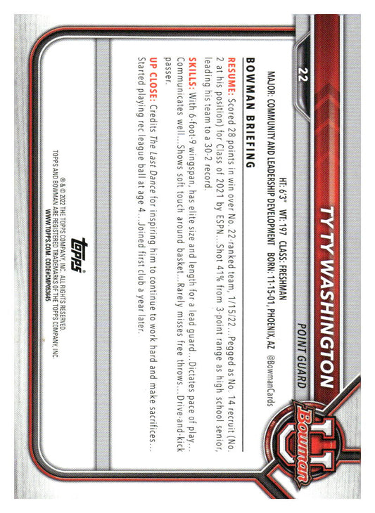 2021-22 Bowman University #22 TyTy Washington