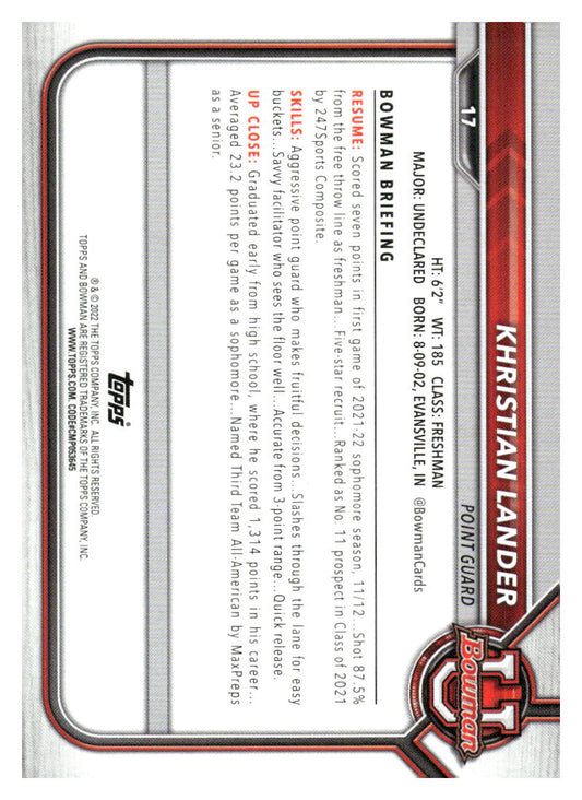 2021-22 Bowman University #17 Khristian Lander