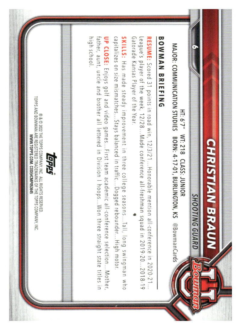 2021-22 Bowman University #6 Christian Braun