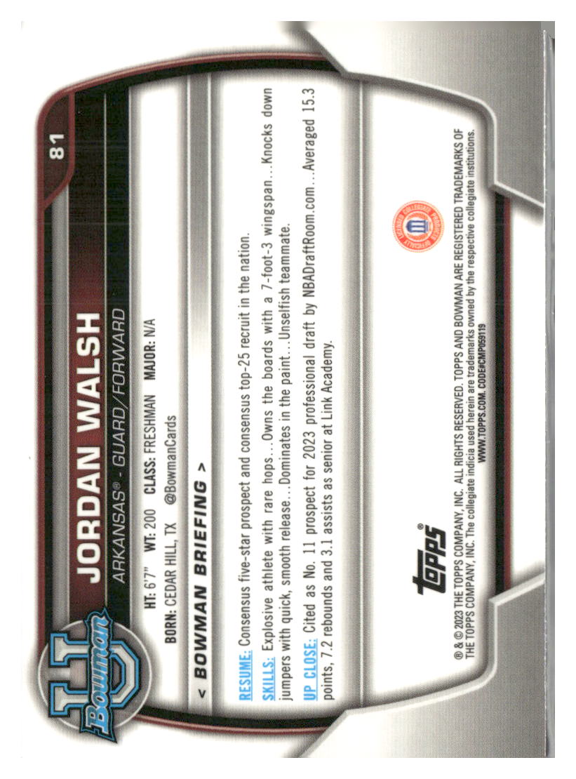 2022-23 Bowman University Chrome #81 Jordan Walsh Pink