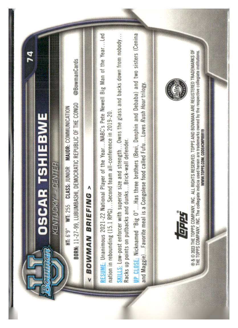2022-23 Bowman University Chrome #74 Oscar Tshiebwe