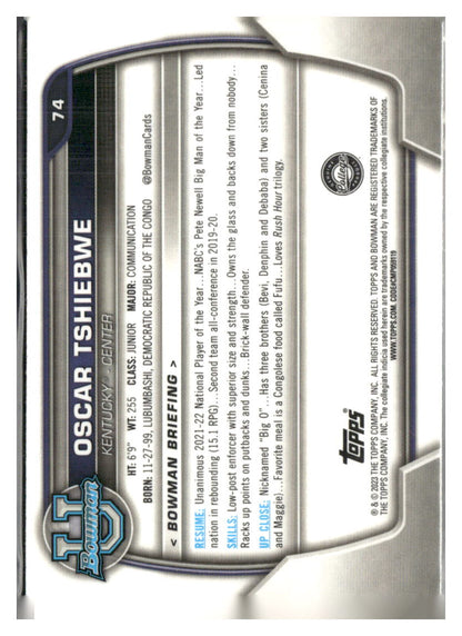 2022-23 Bowman University Chrome #74 Oscar Tshiebwe