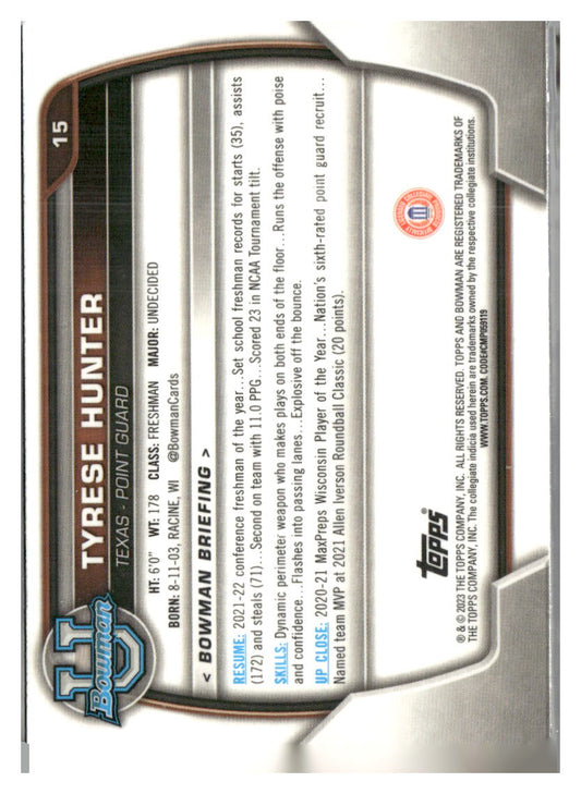 2022-23 Bowman University Chrome #15 Tyrese Hunter