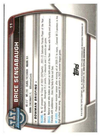 2022-23 Bowman University Chrome #11 Brice Sensabaugh Refractor