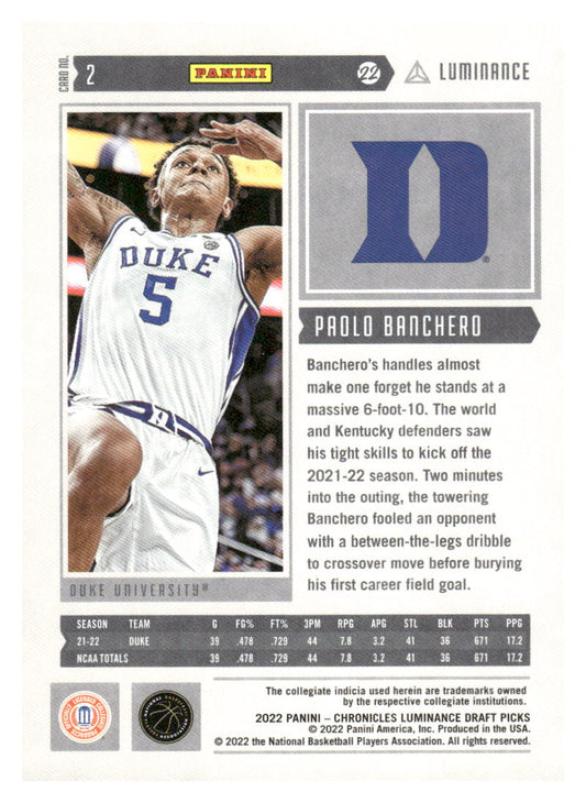 2022 Panini Chronicles Draft Picks #2 Paolo Banchero Luminance