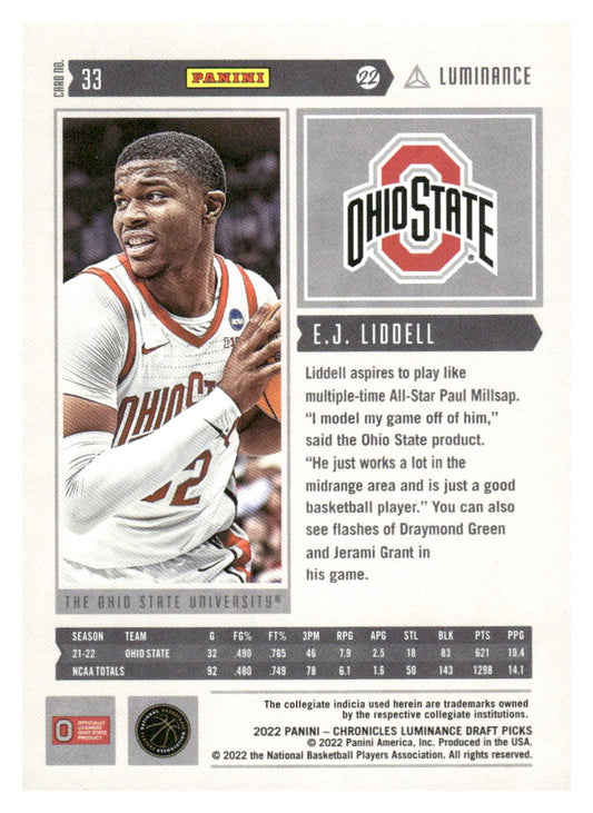 2022 Panini Chronicles Draft Picks #33 E.J. Liddell Luminance