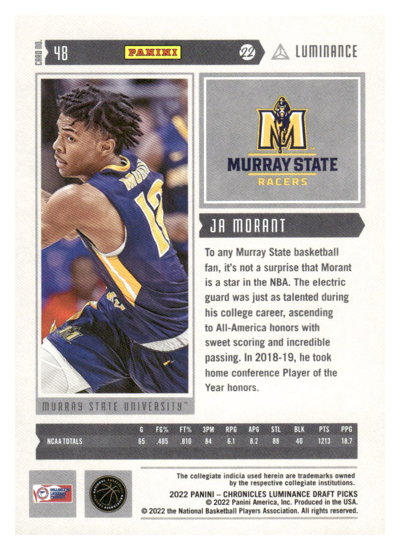 2022 Panini Chronicles Draft Picks #48 Ja Morant Luminance