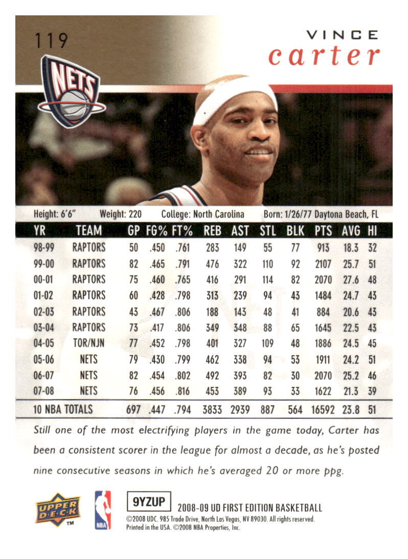 2008-09 Upper Deck #119 Vince Carter
