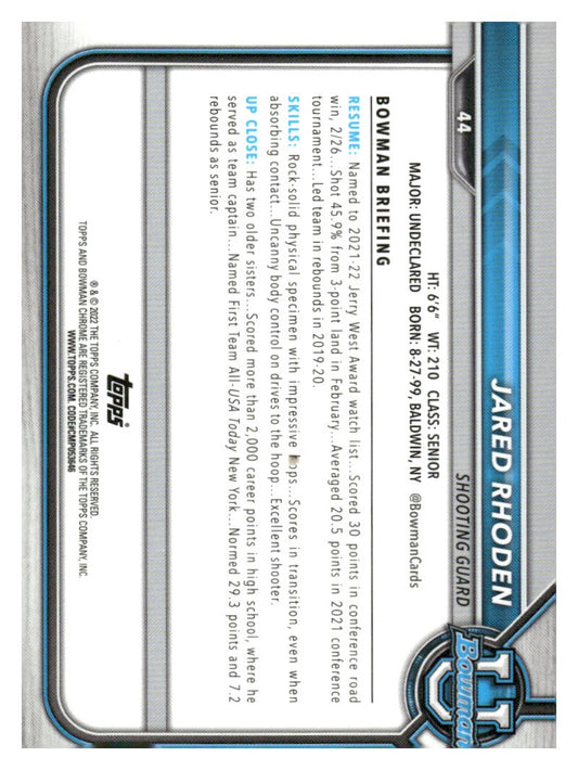 2021-22 Bowman University #44 Jared Rhoden Pink