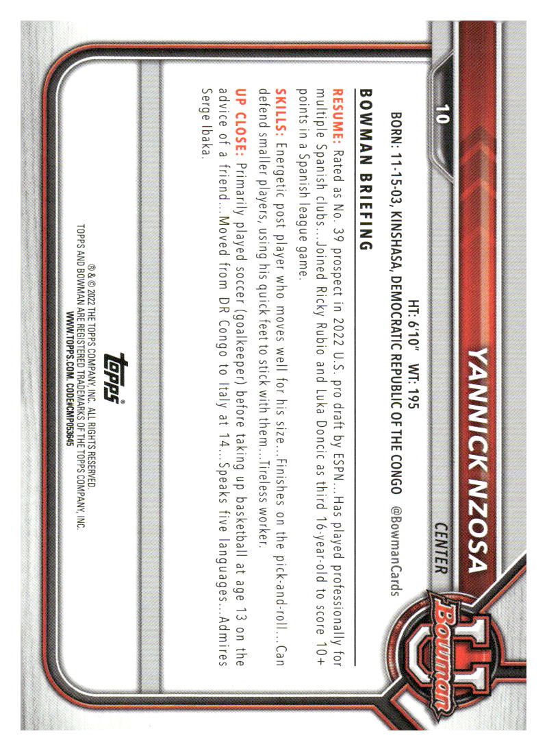 2021-22 Bowman University #10 Yannick Nzosa