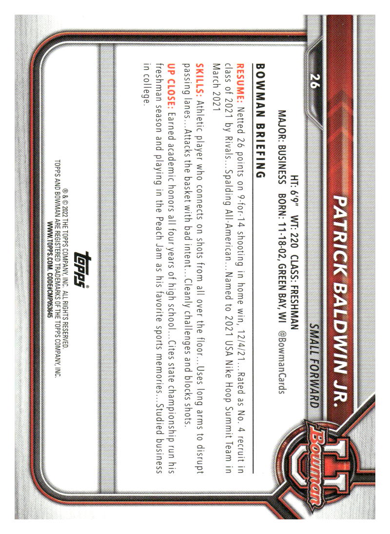 2021-22 Bowman University #26 Patrick Baldwin Jr.