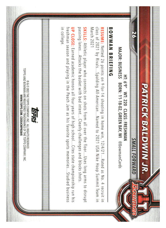 2021-22 Bowman University #26 Patrick Baldwin Jr.