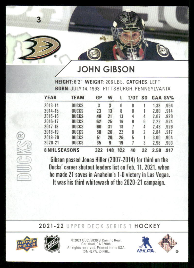 2021-22 Upper Deck #3 John Gibson