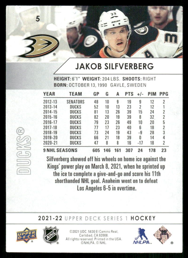 2021-22 Upper Deck #5 Jakob Silfverberg