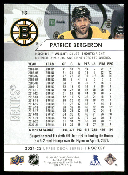 2021-22 Upper Deck #13 Patrice Bergeron