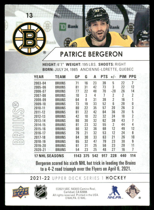 2021-22 Upper Deck #13 Patrice Bergeron