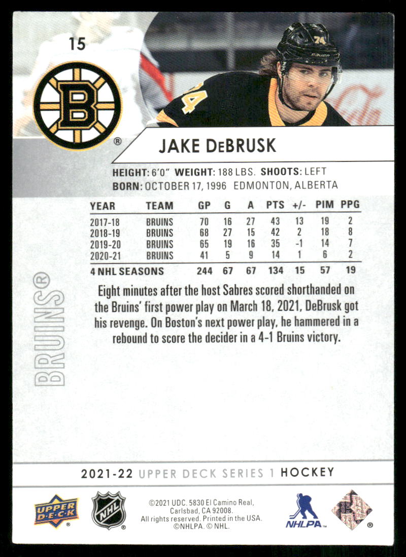 2021-22 Upper Deck #15 Jake DeBrusk