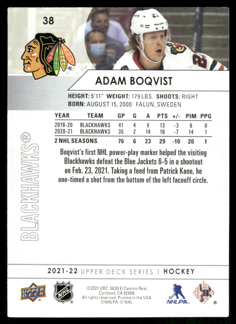 2021-22 Upper Deck #38 Adam Boqvist