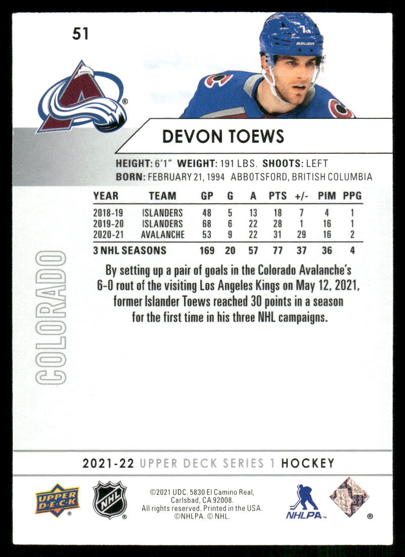 2021-22 Upper Deck #51 Devon Toews