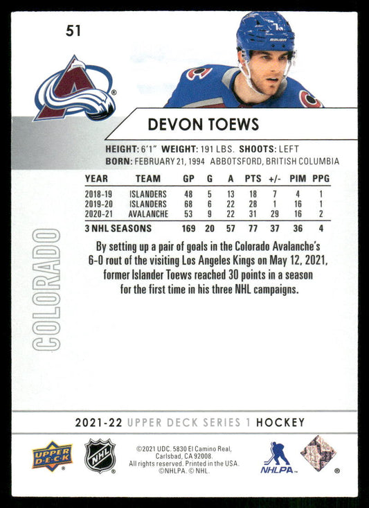 2021-22 Upper Deck #51 Devon Toews
