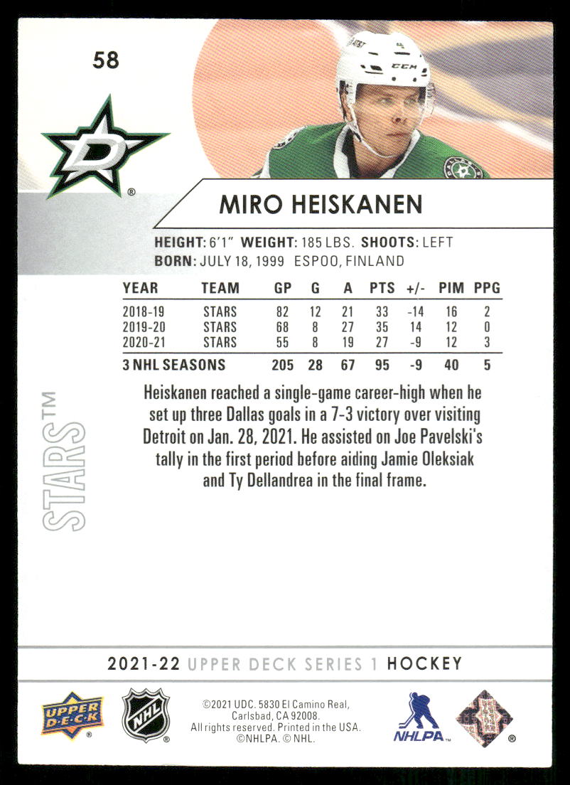 2021-22 Upper Deck #58 Miro Heiskanen