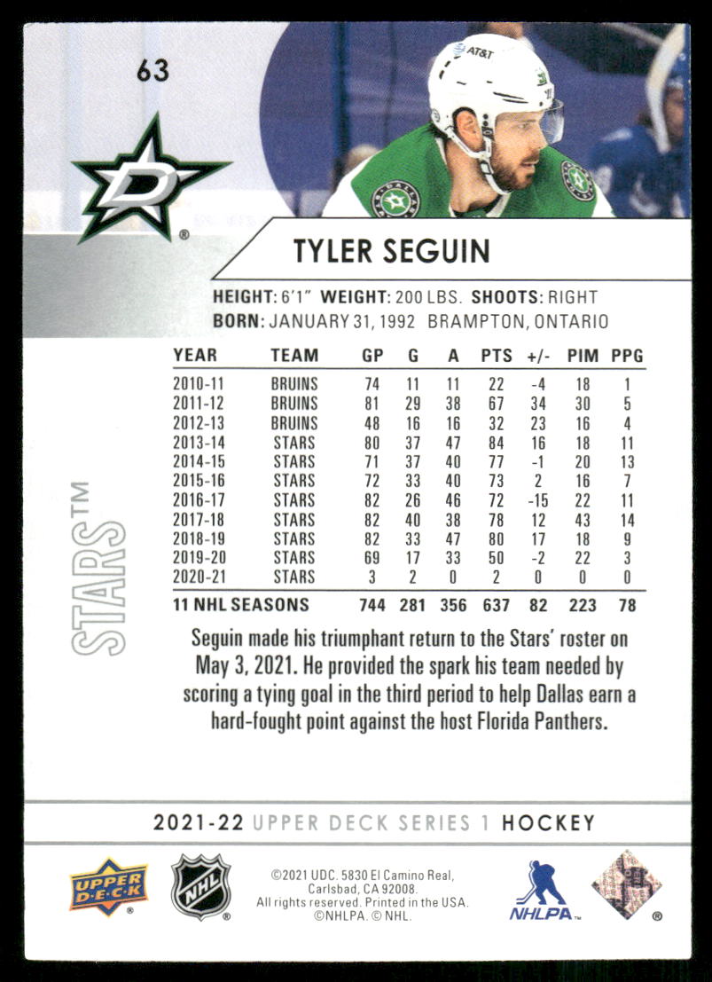 2021-22 Upper Deck #63 Tyler Seguin