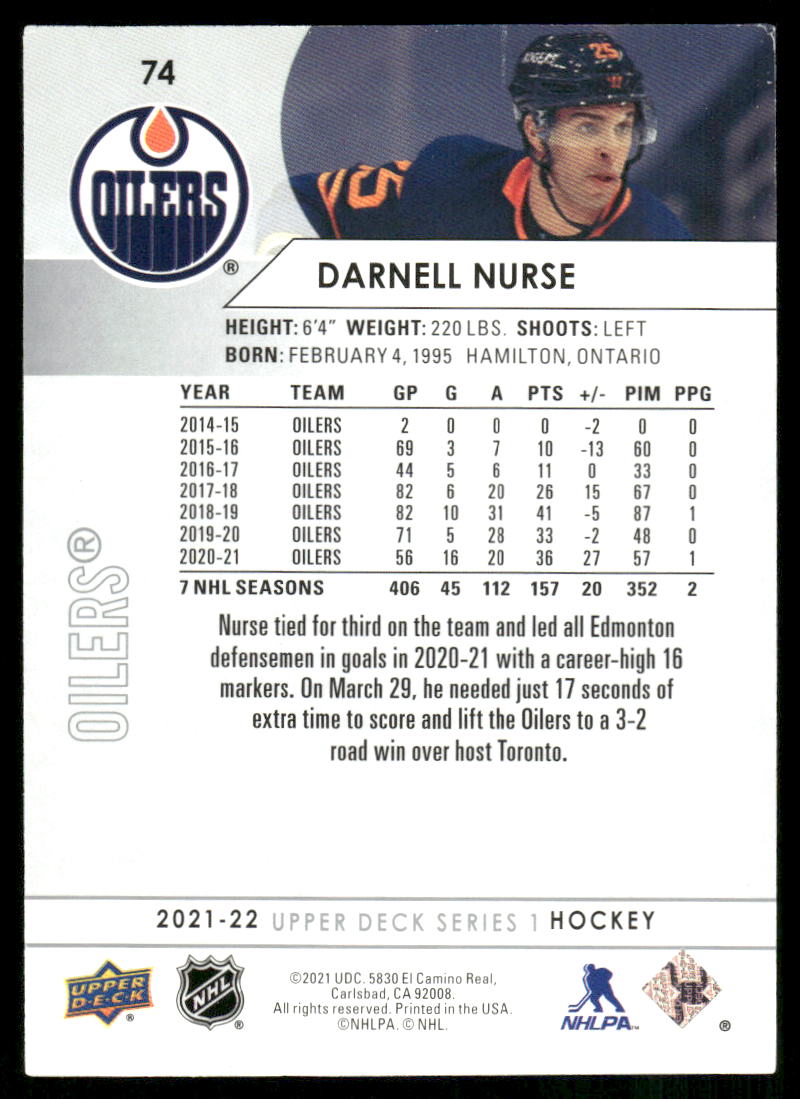 2021-22 Upper Deck #74 Darnell Nurse