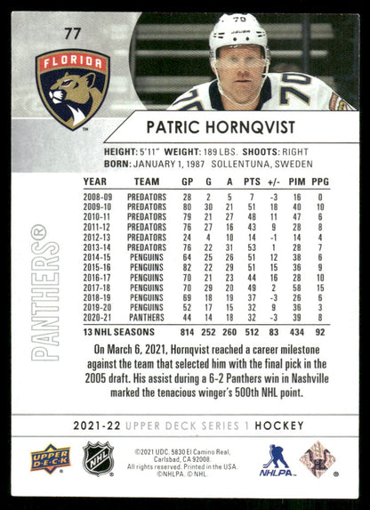 2021-22 Upper Deck #77 Patric Hornqvist