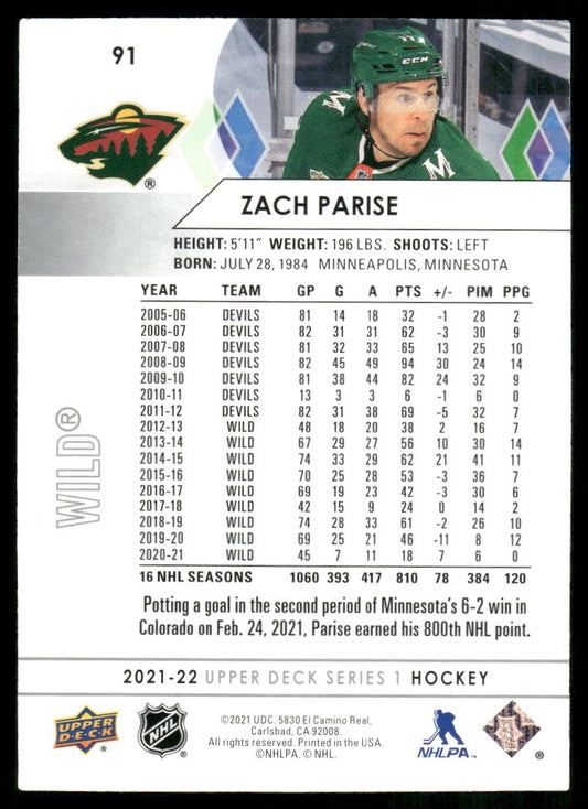 2021-22 Upper Deck #91 Zach Parise
