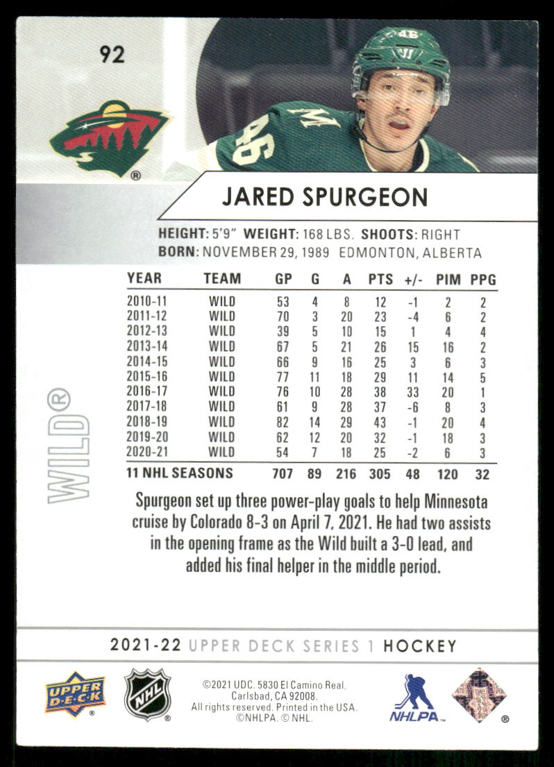 2021-22 Upper Deck #92 Jared Spurgeon